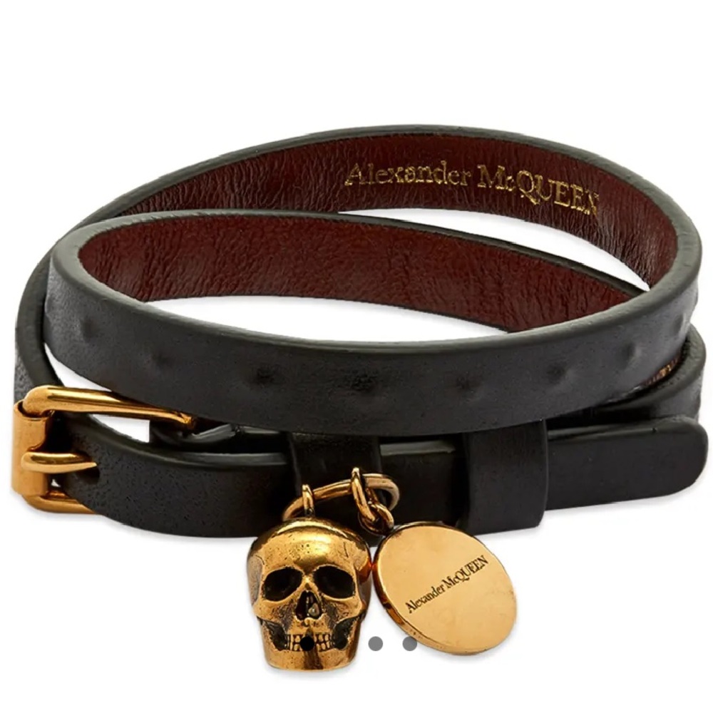 Alexander McQueen Double Wrap Skull Black Leather Bracelet